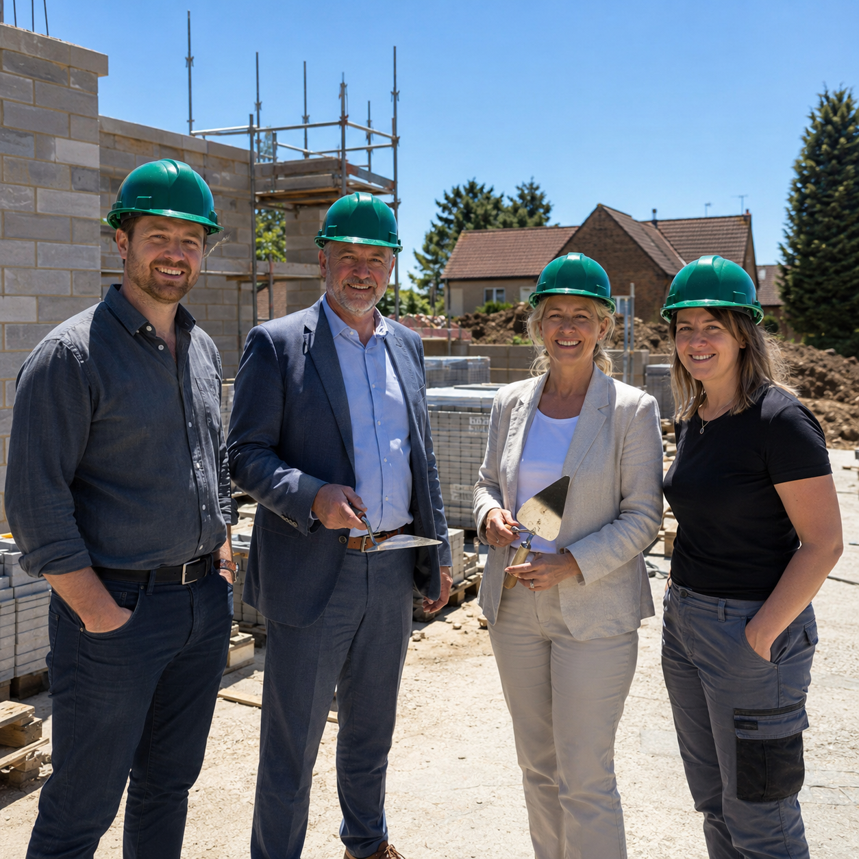 Bouwprofessionals met helmen op een bouwplaats