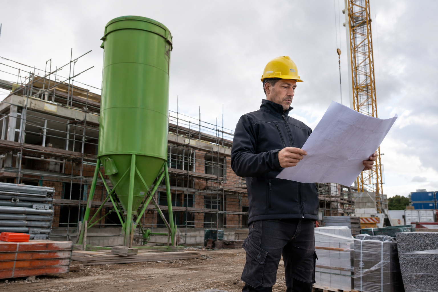 Uitvoerder met bouwtekening op een bouwplaats in aanbouw
